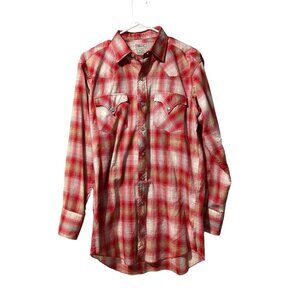 H Bar C Ranchwear Long Tail Red Plaid‎ Pearl Button Snap Shirt 16 3 Western